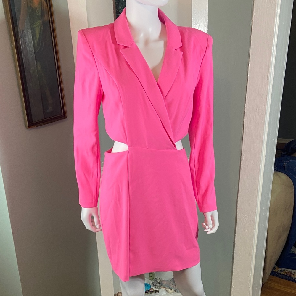 Express Hot Pink Blazer Cut Out Mini Dress Neon sheath suit medium Bodycon - Picture 3 of 13